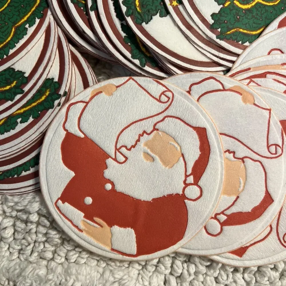 Vintage Set of 100 Paper Coasters Christmas Trees & Santa Claus Drink Party 3.5”
